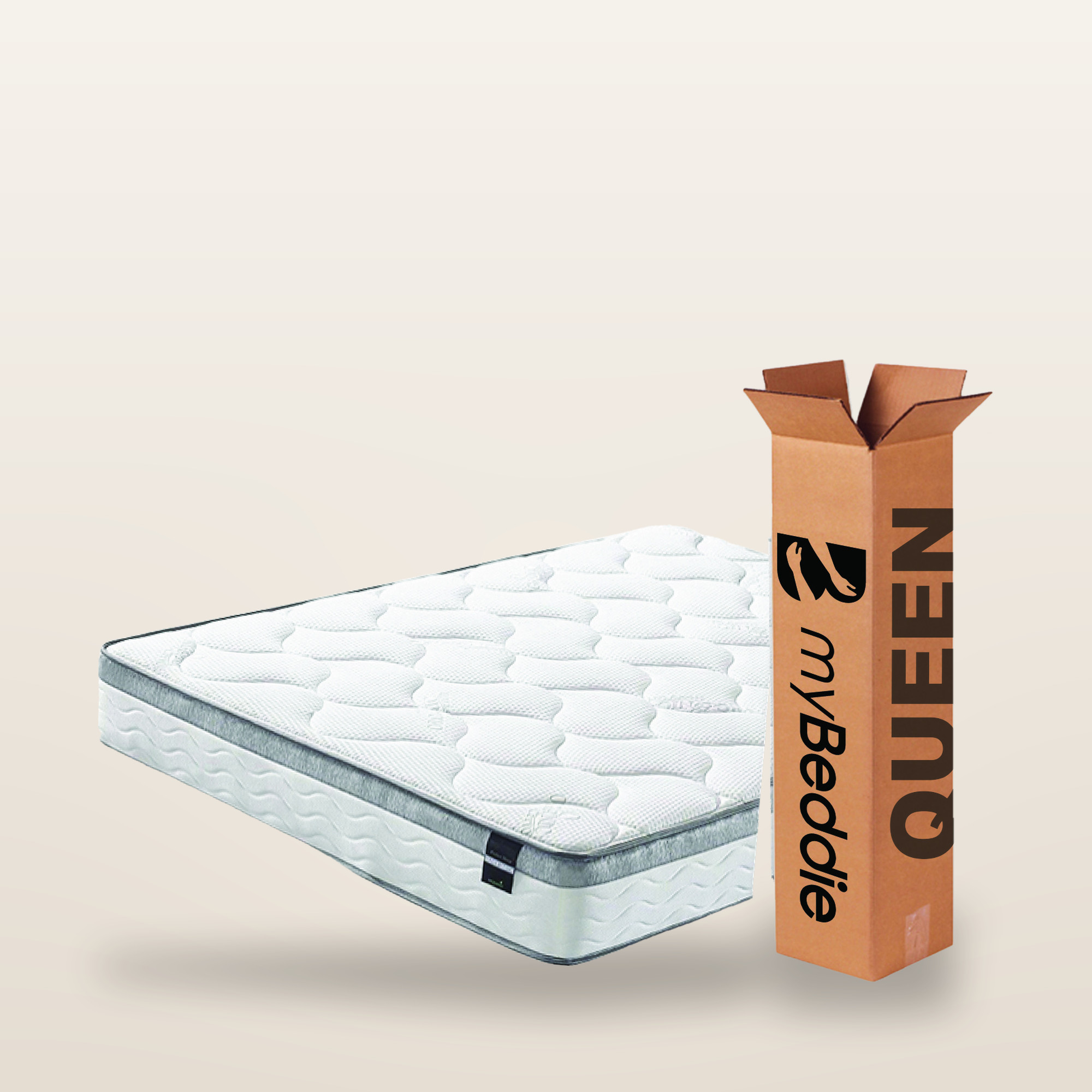 myBeddie Plush queen mattress beside its compressed delivery box