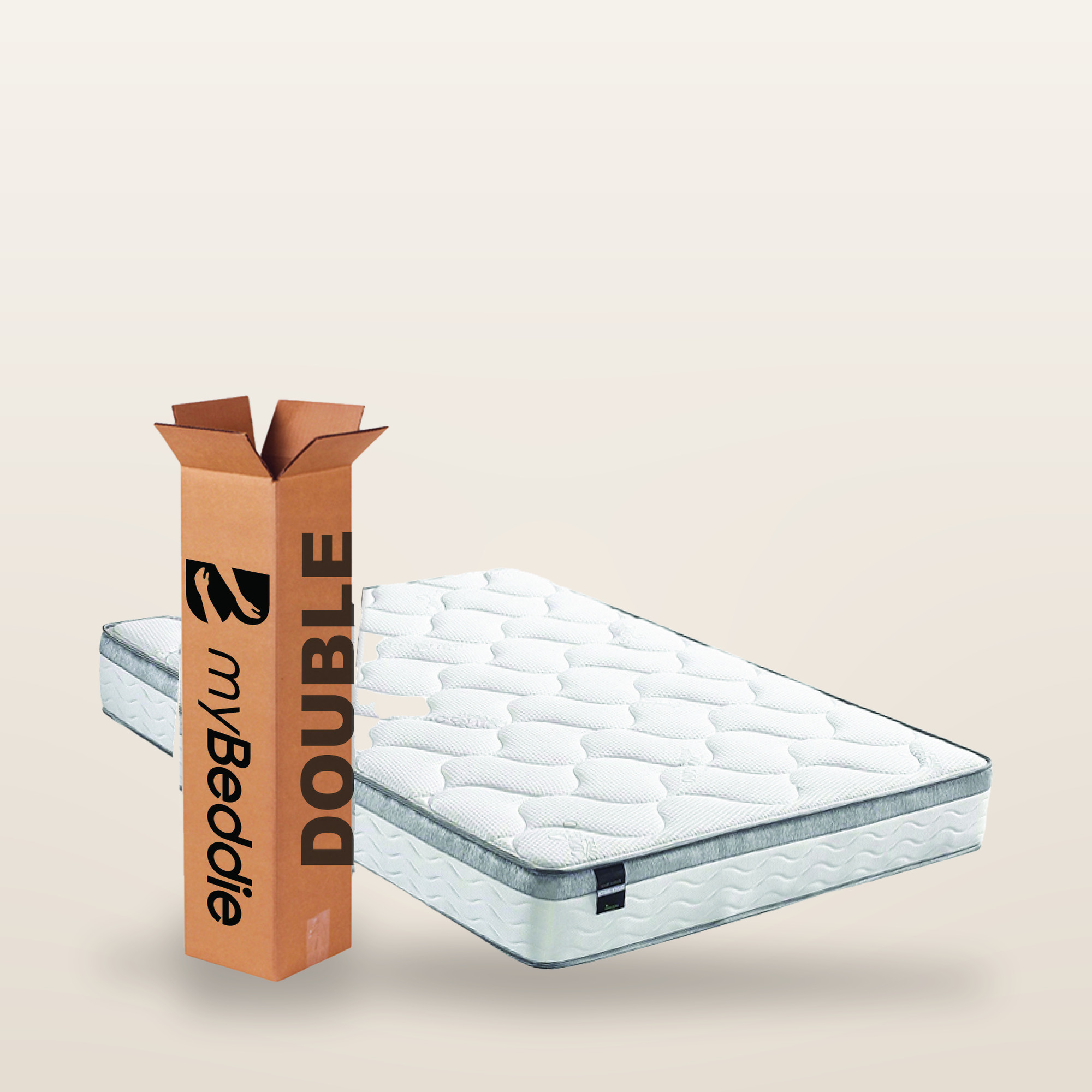 myBeddie Plush double mattress beside its compressed delivery box