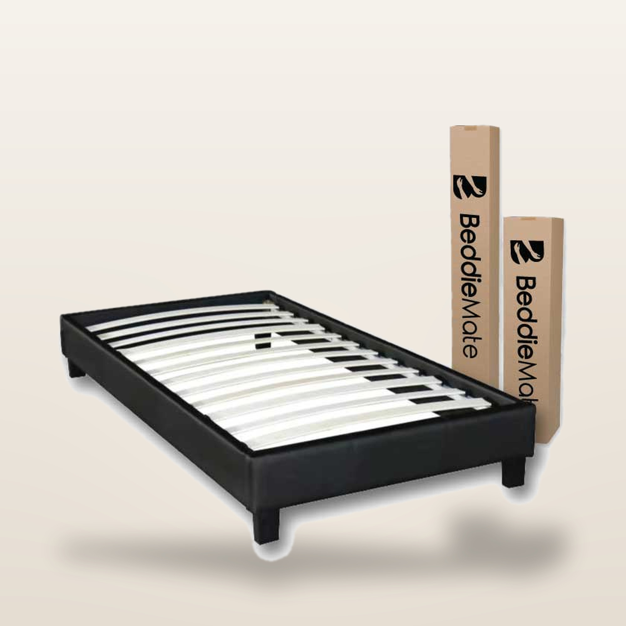 myBeddie single slatted bed base with its two flat-packed boxes