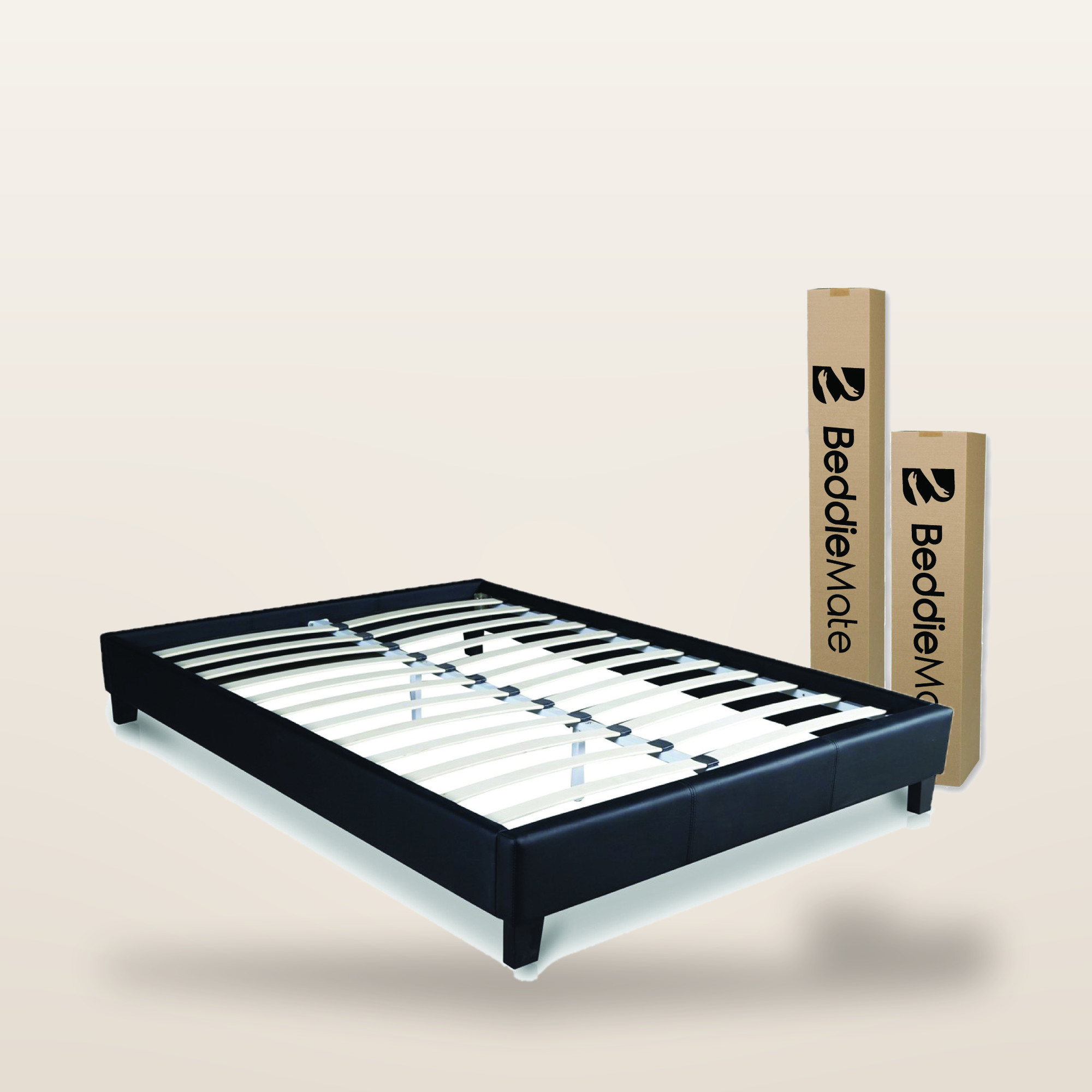 myBeddie double slatted bed base with its two flat-packed boxes